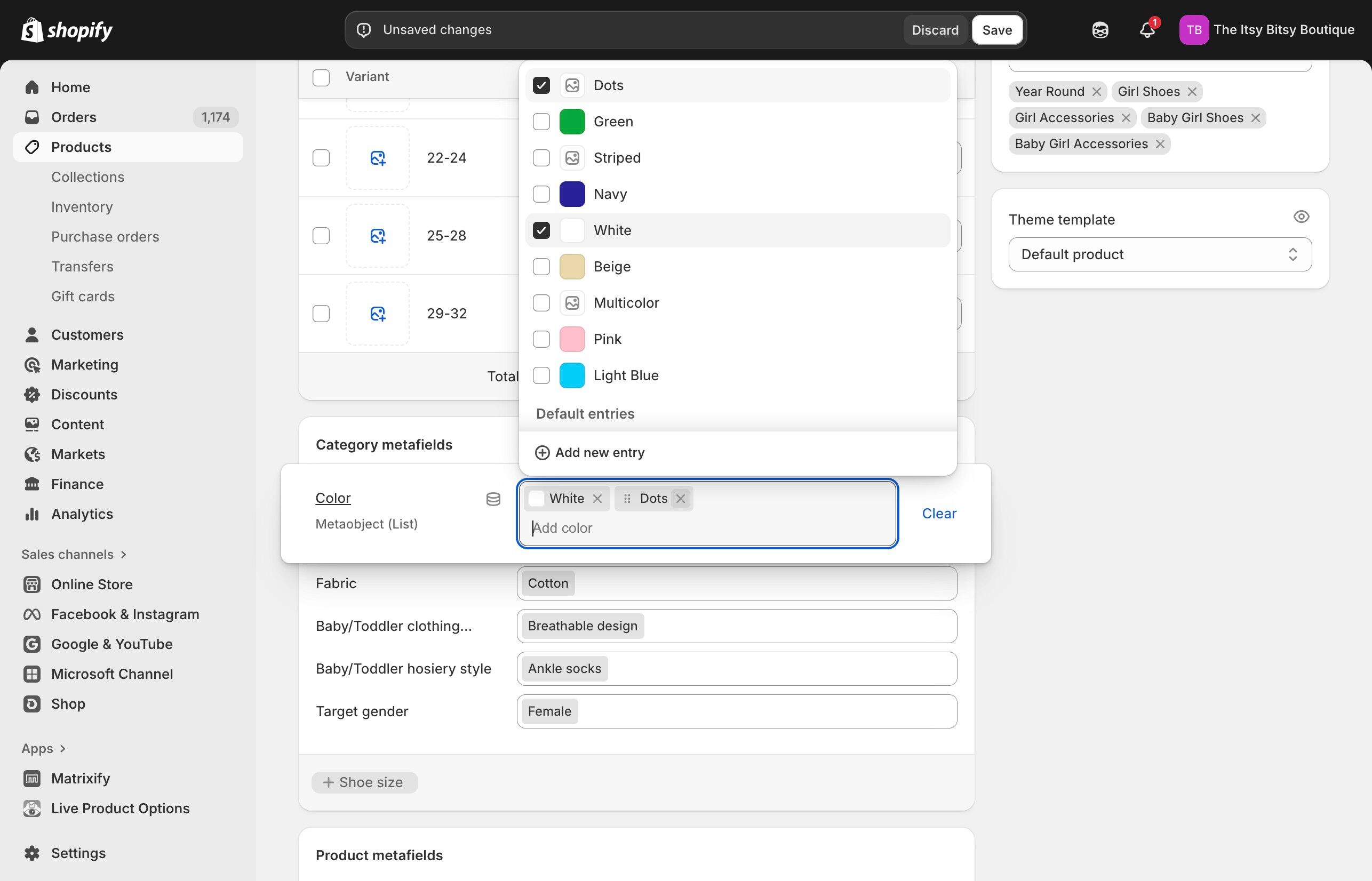 Color selection dropdown options