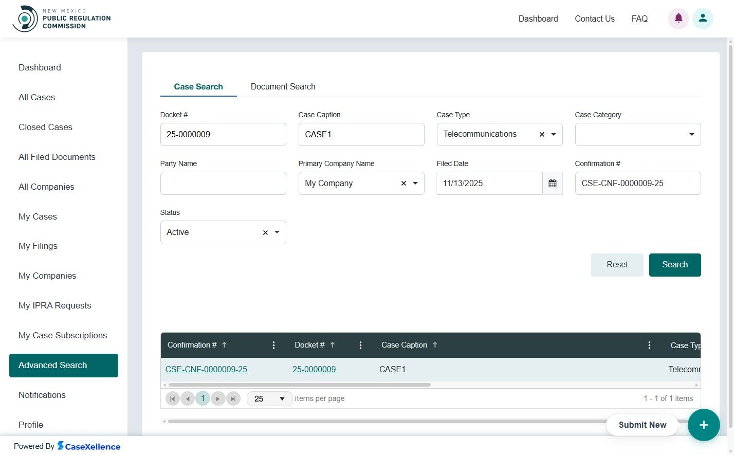 Docket search results grid