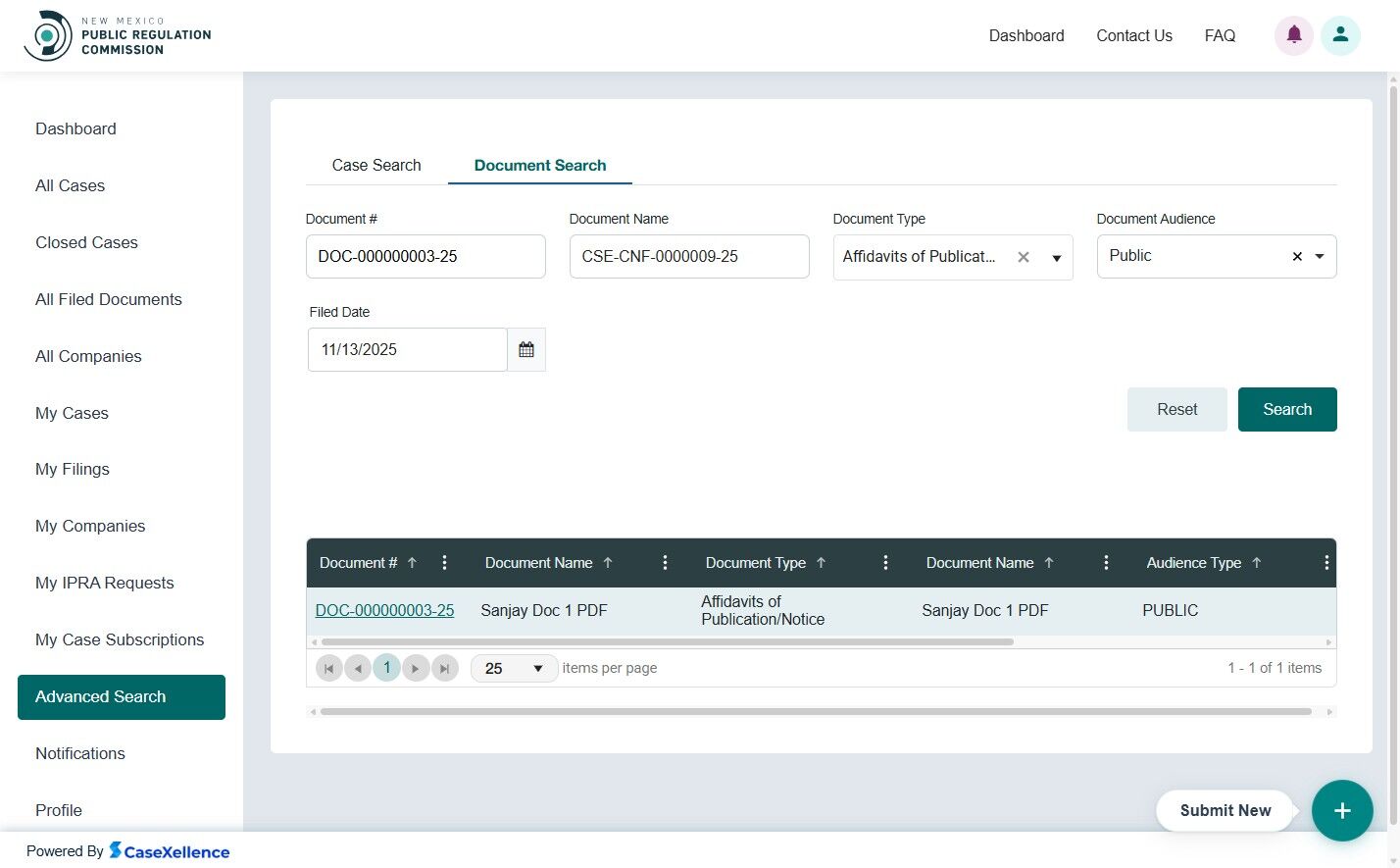 Document search results grid