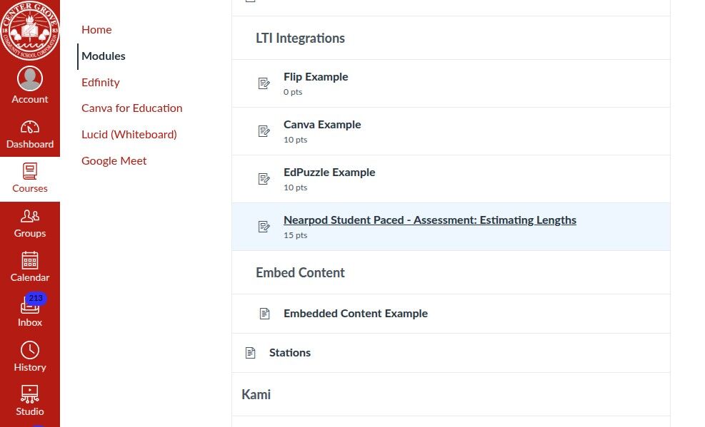  Main content lists Canvas modules and assignments.