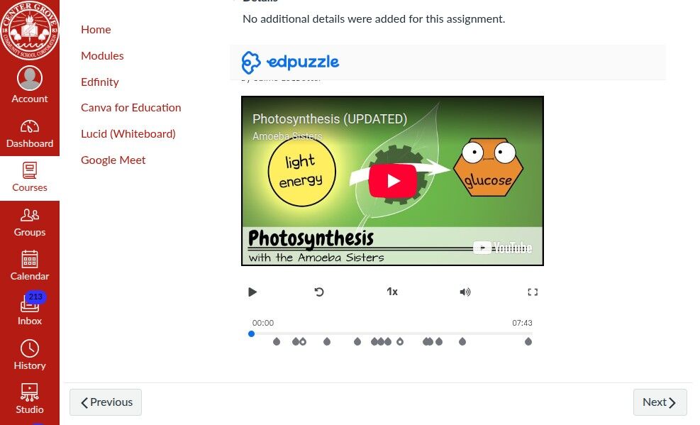 Edpuzzle webpage showing a "Photosynthesis" video by Amoeba Sisters. The video thumbnail depicts light energy and glucose graphics with a play button.