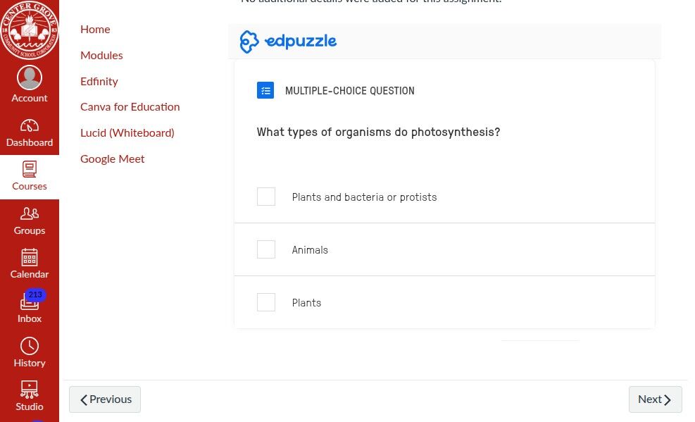 Edpuzzle interface showing a multiple-choice question about photosynthesis. Options include "Plants and bacteria or protists," "Animals," and "Plants." The web page features a red sidebar for navigation.