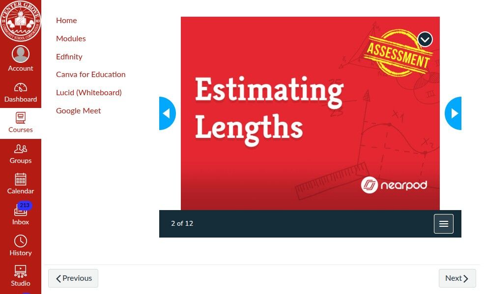 Red slide titled "Estimating Lengths" with a ruler graphic. The assessment badge is in the top right. 