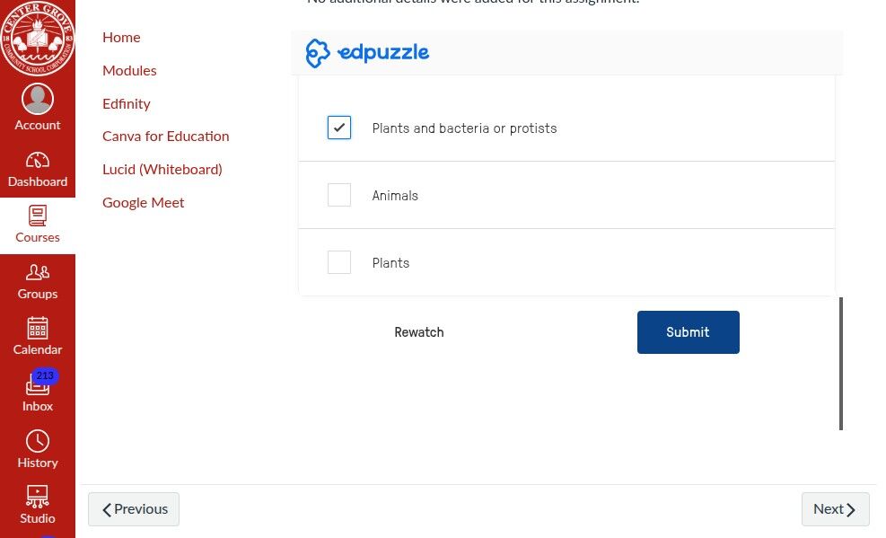Dashboard interface displaying a quiz question using Edpuzzle. The question about plants is checked. Options include animals and plants. Submit button visible.