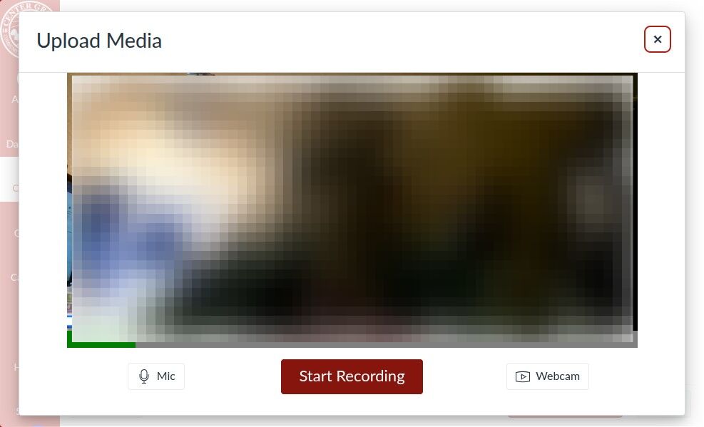 A blurred image upload interface with a "Start Recording" button. Options for microphone and webcam are visible, indicating a media upload or recording setup.