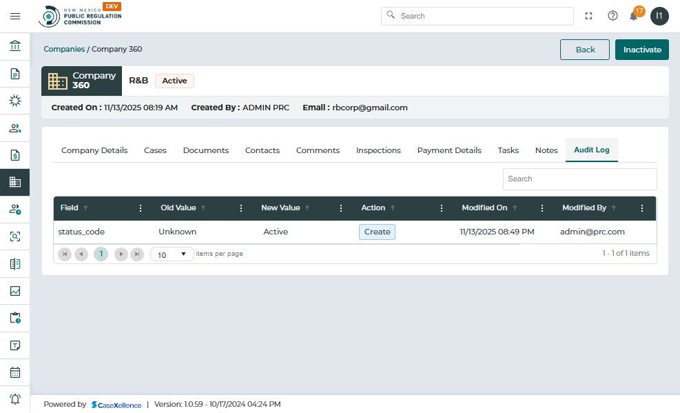Company Audit Log Tab