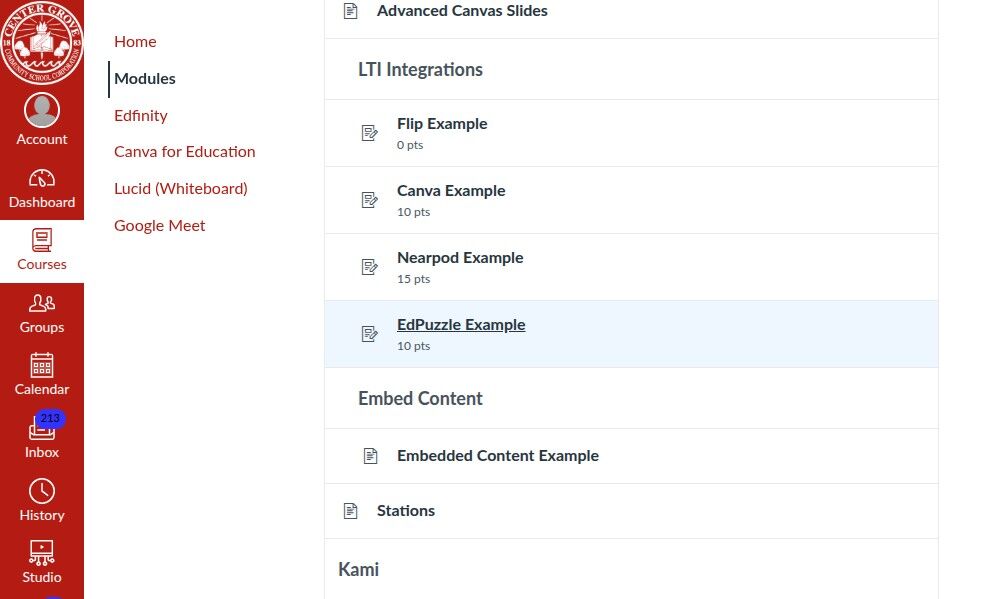 A digital dashboard with a menu on the left showing options like 'Dashboard,' 'Courses,' 'Calendar,' and 'Inbox' in red. The main content lists a Canvas module with assignments.