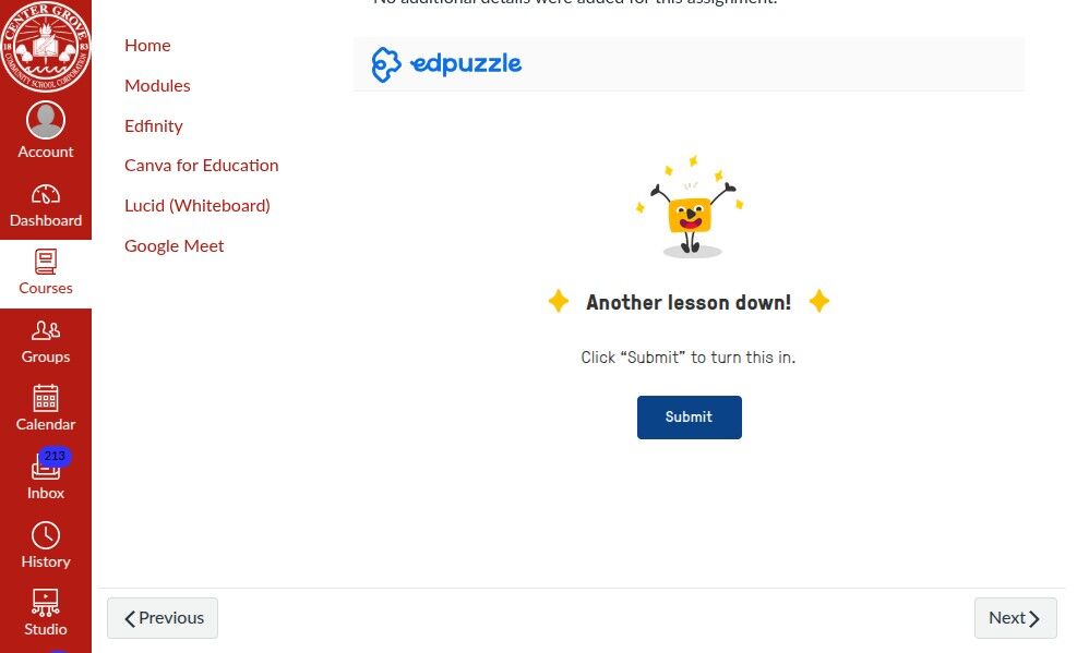 Interface showing menu options on the left. Center displays a joyful yellow character with 'Another lesson down!' and a blue 'Submit' button.