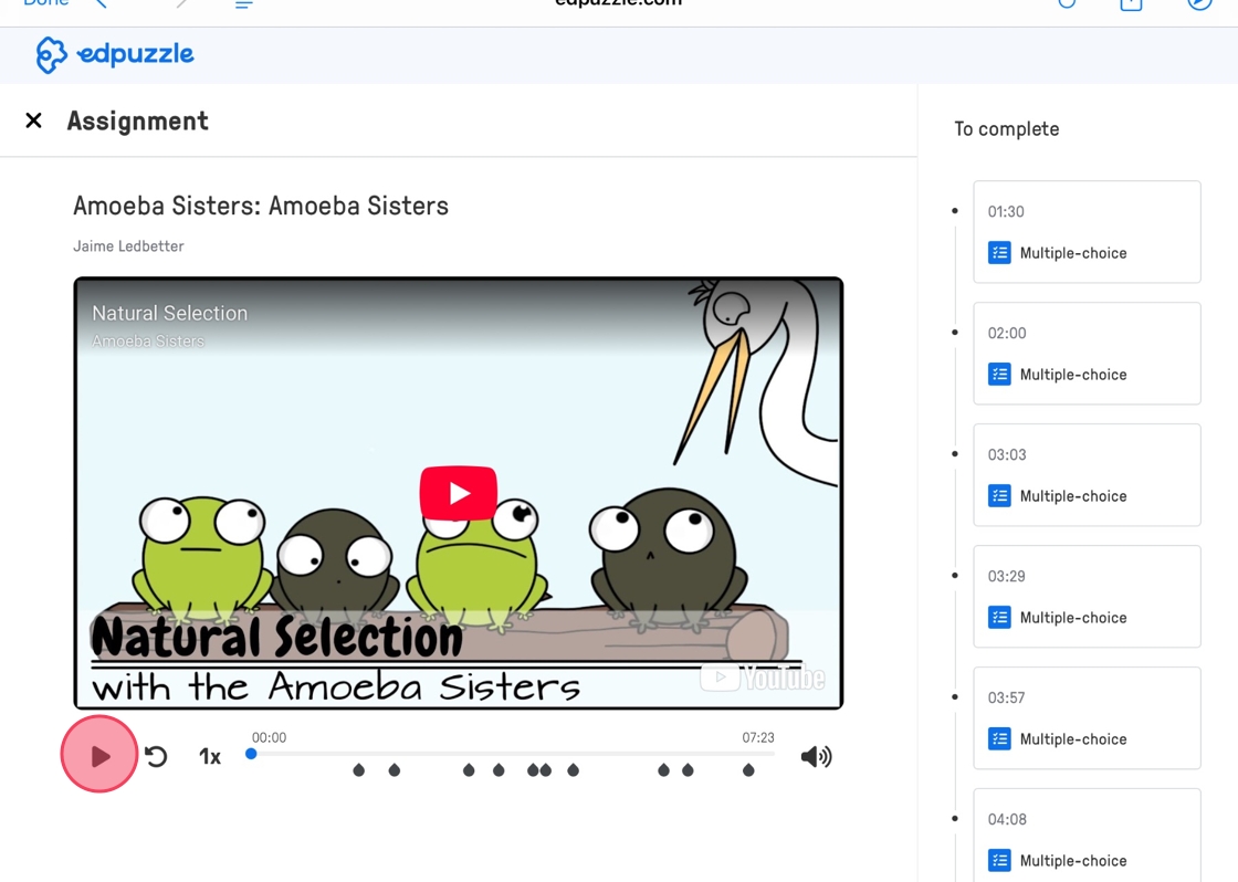 Edpuzzle video titled "Natural Selection" by Amoeba Sisters. Cartoon frogs look anxious as a bird approaches. Video includes multiple-choice segments to complete.