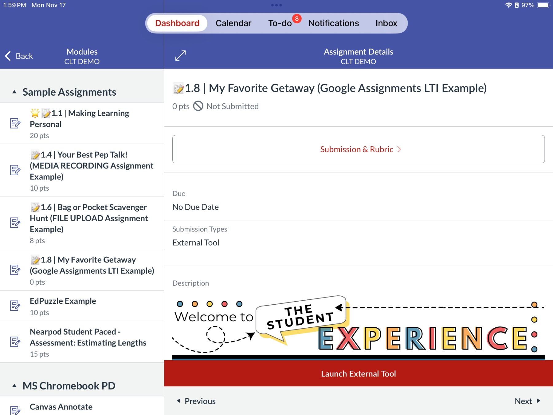 Interface of an online assignment page titled "My Favorite Getaway" with tasks list on left.