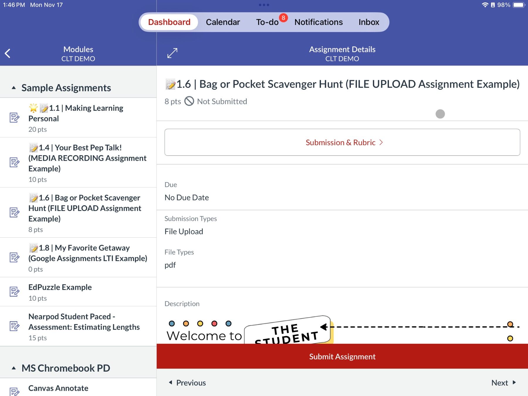 A digital learning platform assignment page showing a menu with sample assignments on the left and assignment details on the right. It includes steps for submission.