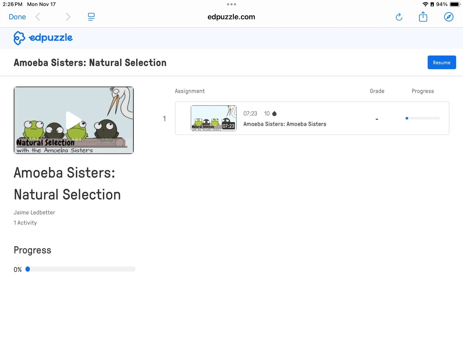 Edpuzzle interface displaying 'Amoeba Sisters: Natural Selection' video assignment. Thumbnail shows two cartoon amoebas and a bird.