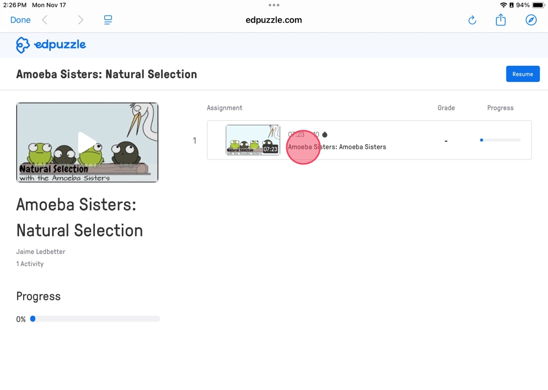 Edpuzzle interface displaying 'Amoeba Sisters: Natural Selection' video assignment. Thumbnail shows two cartoon amoebas and a bird.