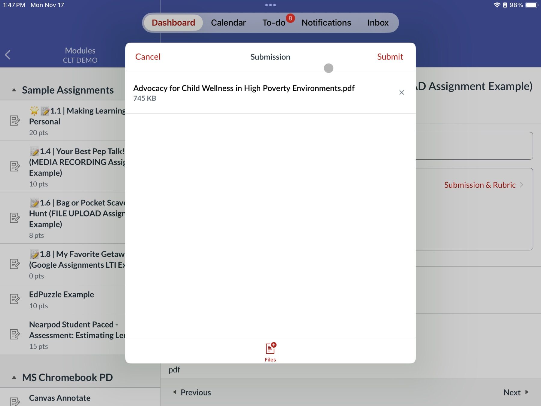 Digital dashboard on a tablet showing a file submission window.