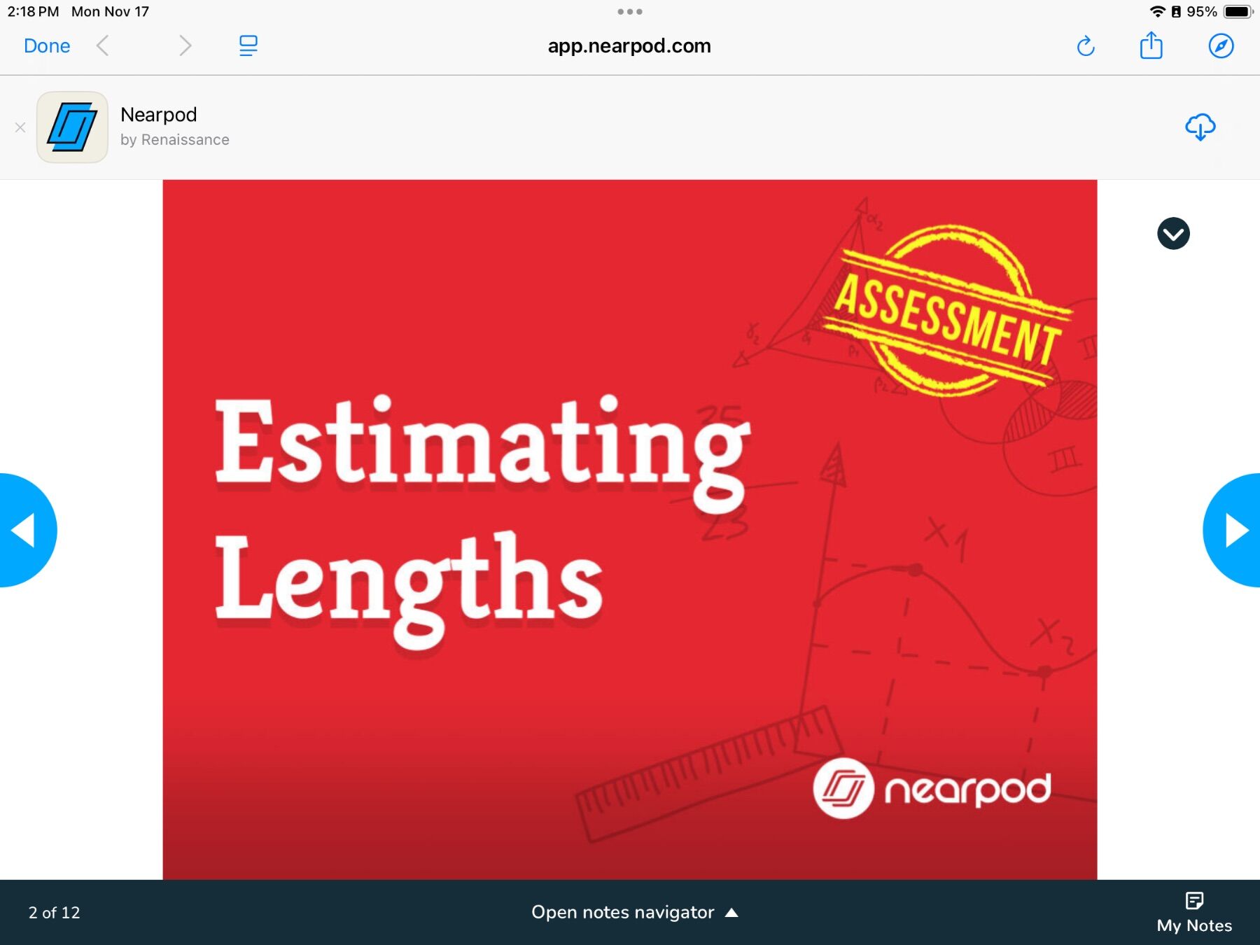 Red slide with "Estimating Lengths" in bold white text. Yellow "Assessment" stamp in the top right. Nearpod logo at the bottom. Background includes faint geometric sketches.
