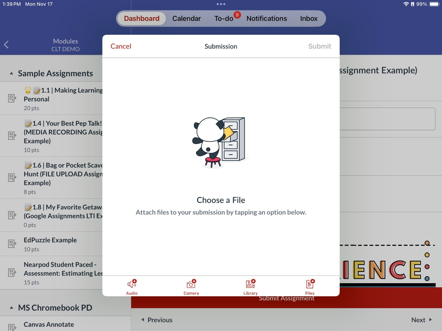 A digital interface on a tablet shows a student assignment submission area. A panda cartoon is selecting a file from a drawer. Options include audio, camera, library, and files.