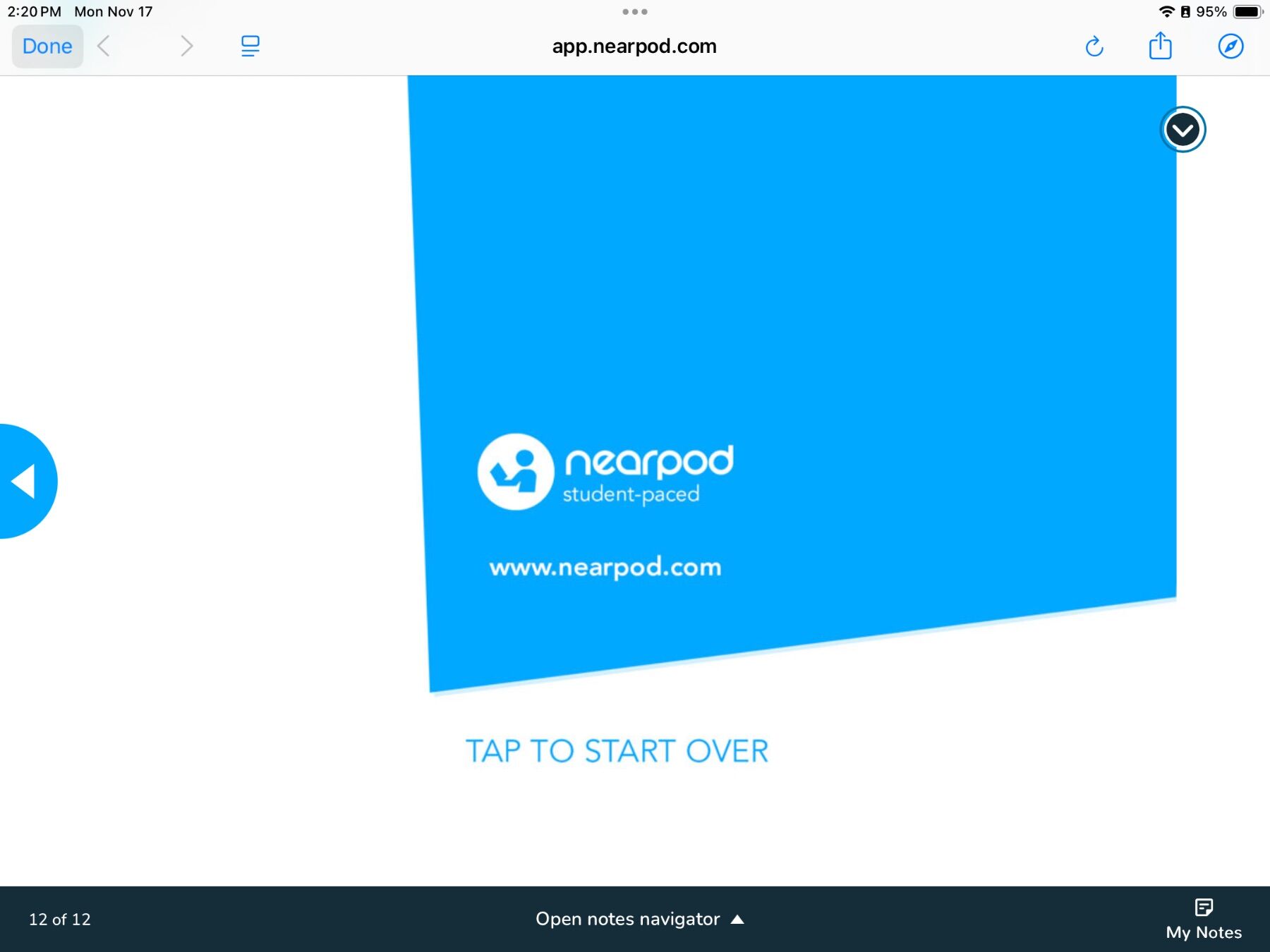 Blue rectangle with "nearpod student-paced" and website text. Beneath, "TAP TO START OVER" in light blue.