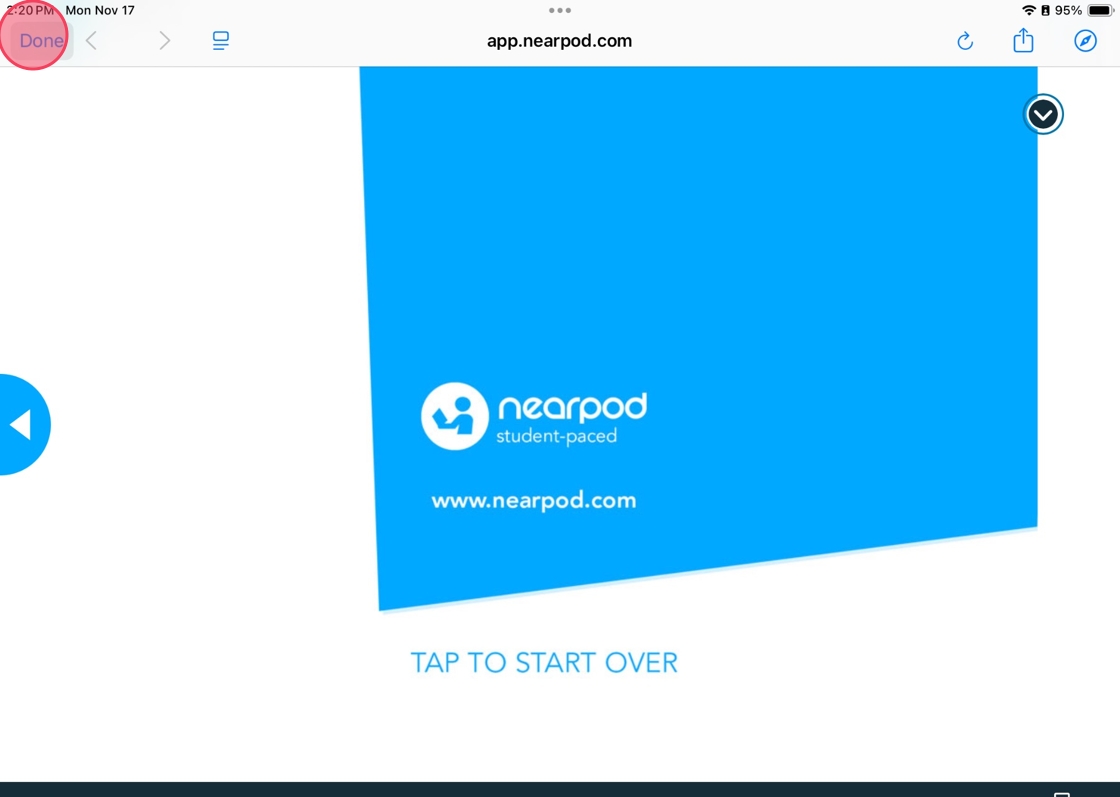 Blue rectangle with "nearpod student-paced" and website text. Beneath, "TAP TO START OVER" in light blue.