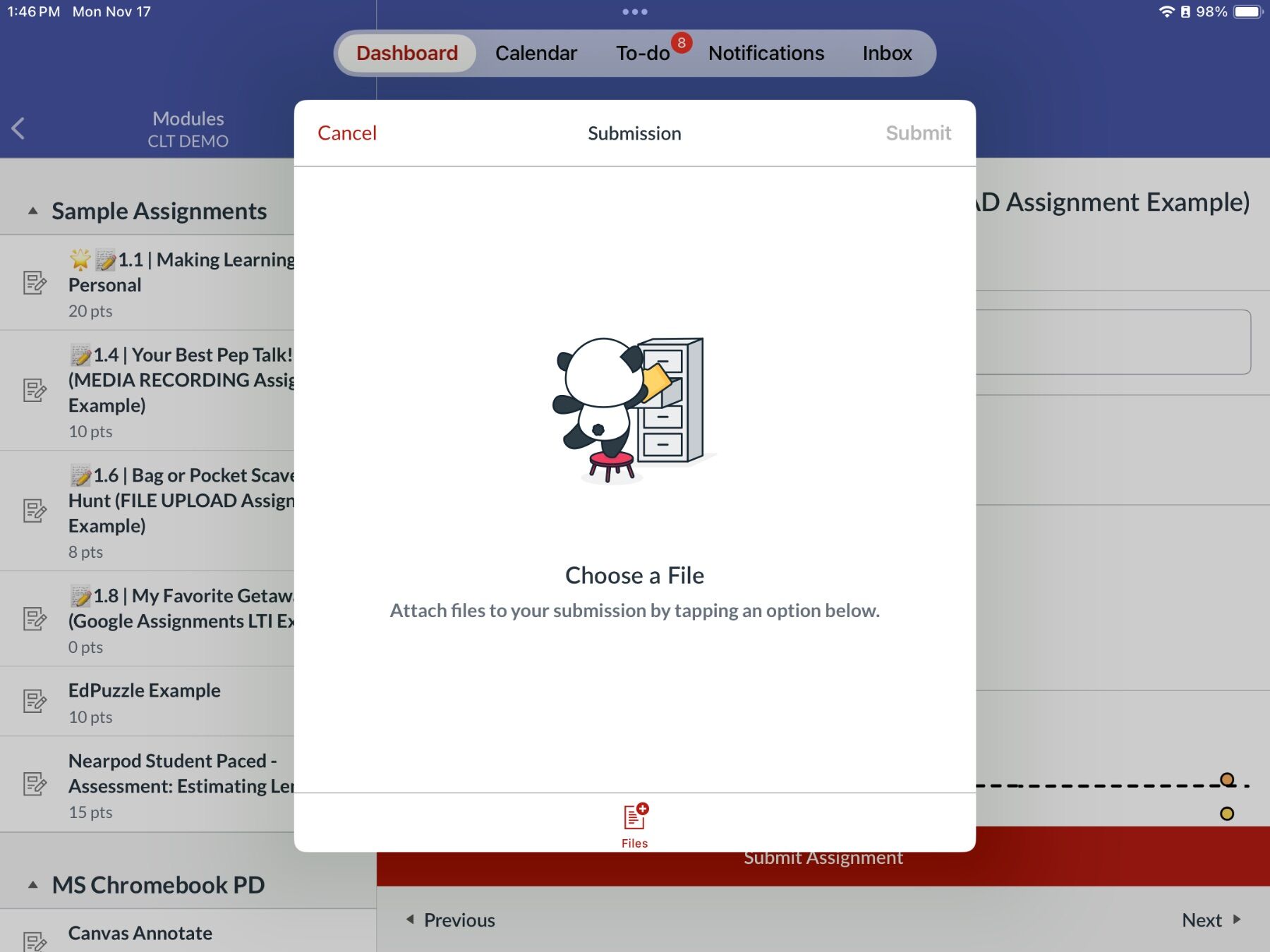 Tablet screen displaying an educational platform interface with a 'Choose a File' submission window.