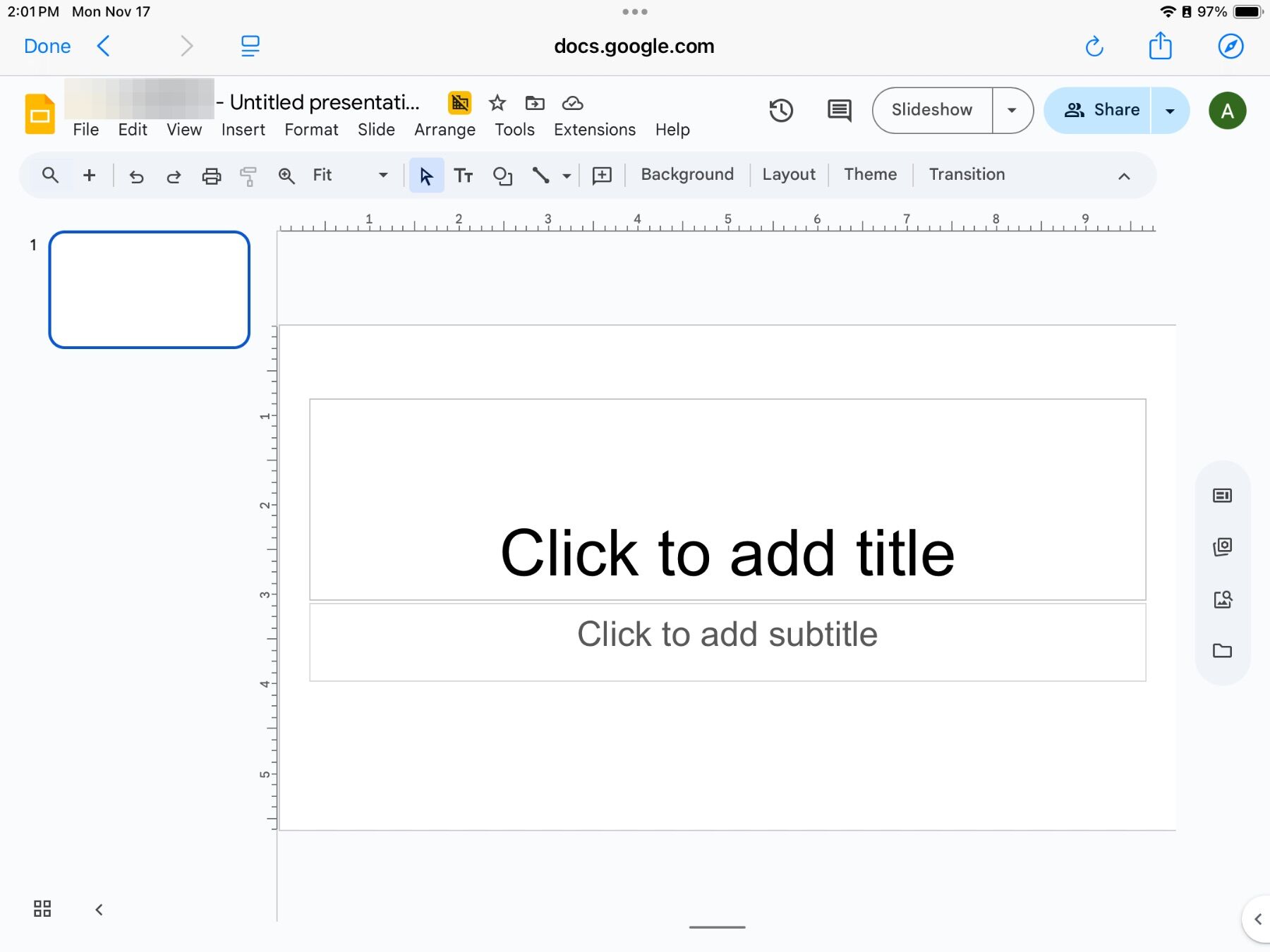 A Google Slides interface on an iPad, showing a blank presentation template with options for adding a title and subtitle. The toolbar is visible above.