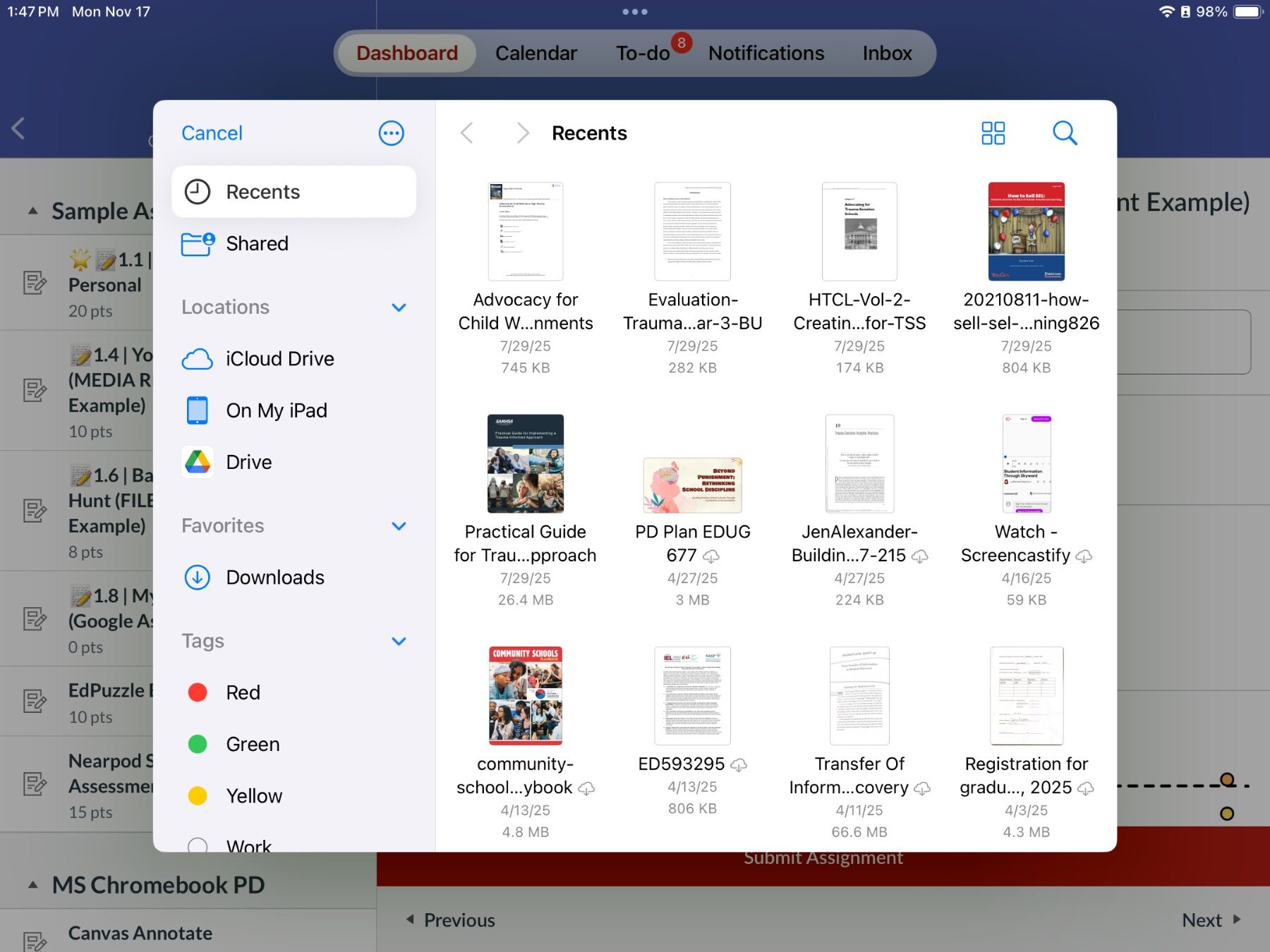 A digital file manager showing recent documents. The interface includes file names, sizes, and a sidebar with locations like iCloud and Drive.