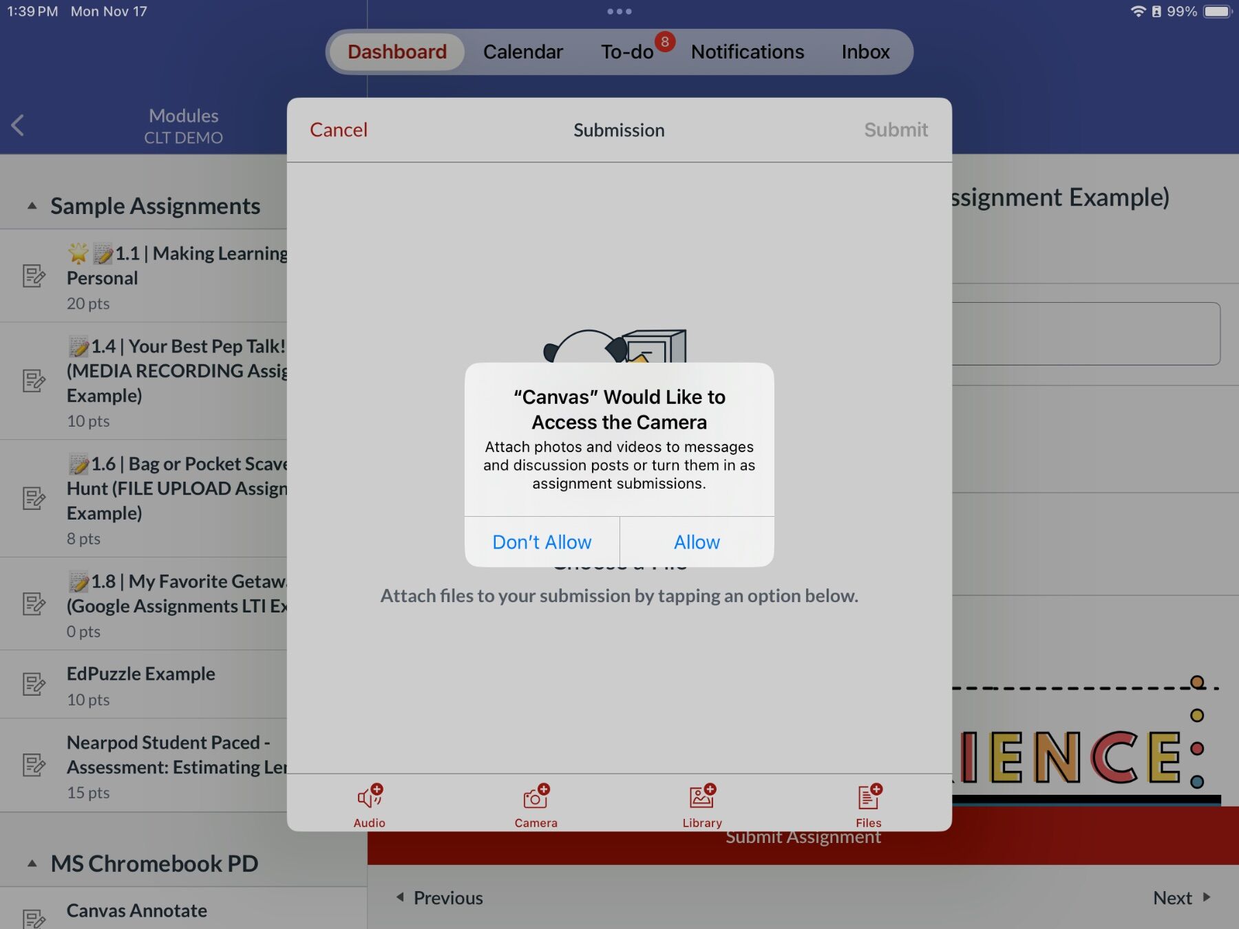 A pop-up notification on a blue interface, asking permission for "Canvas" to access the camera for attaching media. "Don't Allow" and "Allow" options are displayed.