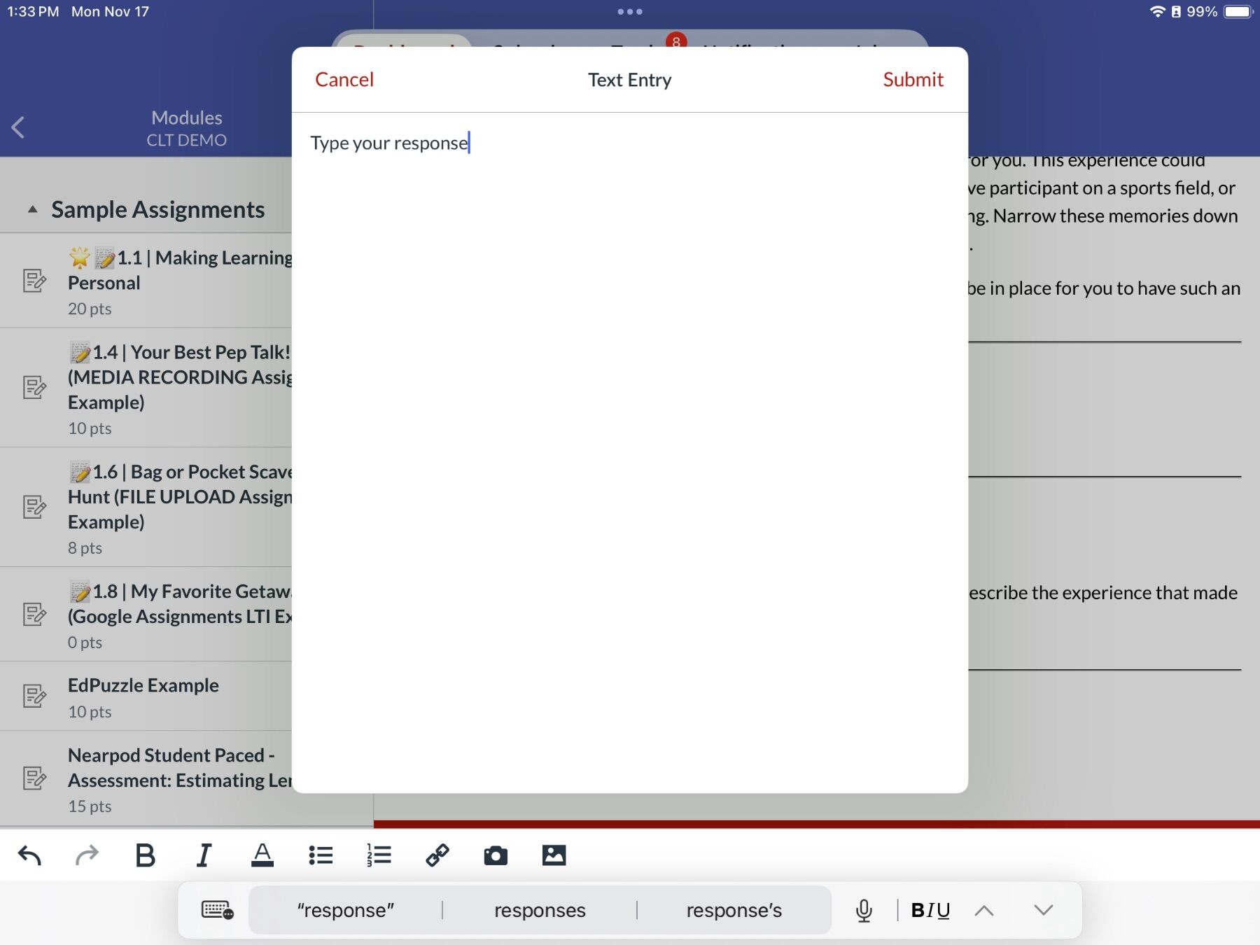 A screenshot of a digital assignment interface, featuring a text entry box with a prompt "Type your response." A sidebar lists assignments and points.