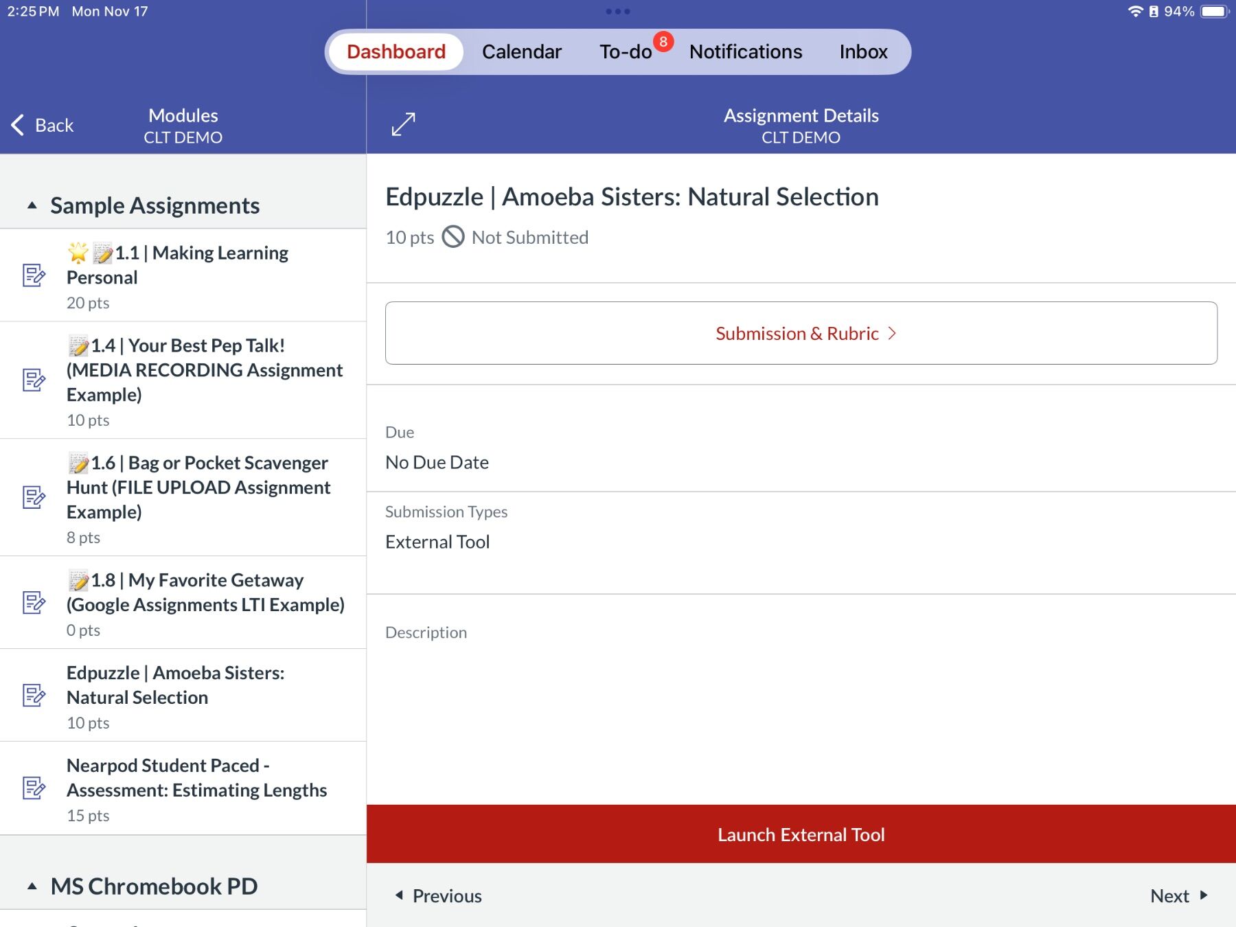 Interface of an online assignment page titled "My Favorite Getaway" with tasks list on left.