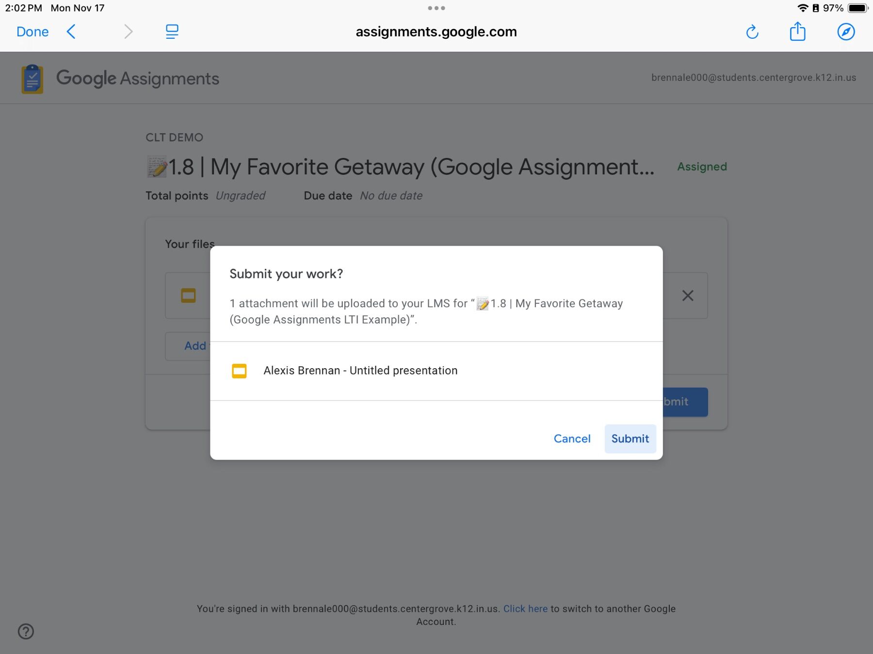Online assignment submission screen for "My Favorite Getaway," showing a pop-up window with an attached presentation file. Buttons for "Cancel" and "Submit" are visible.