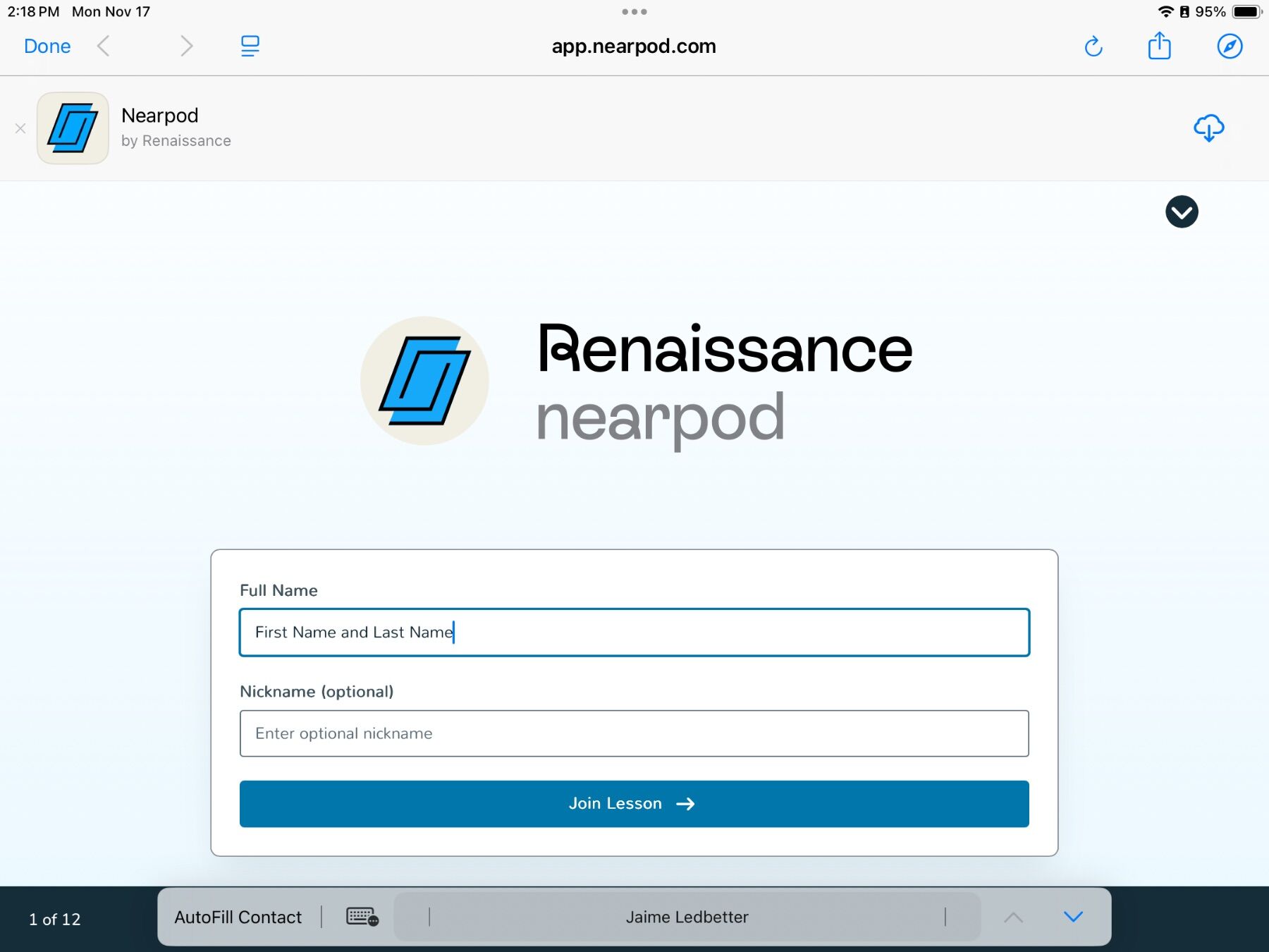 Nearpod login screen with Renaissance logo. Two text fields labeled “Full Name” and “Nickname.” A “Join Lesson” button is visible below.