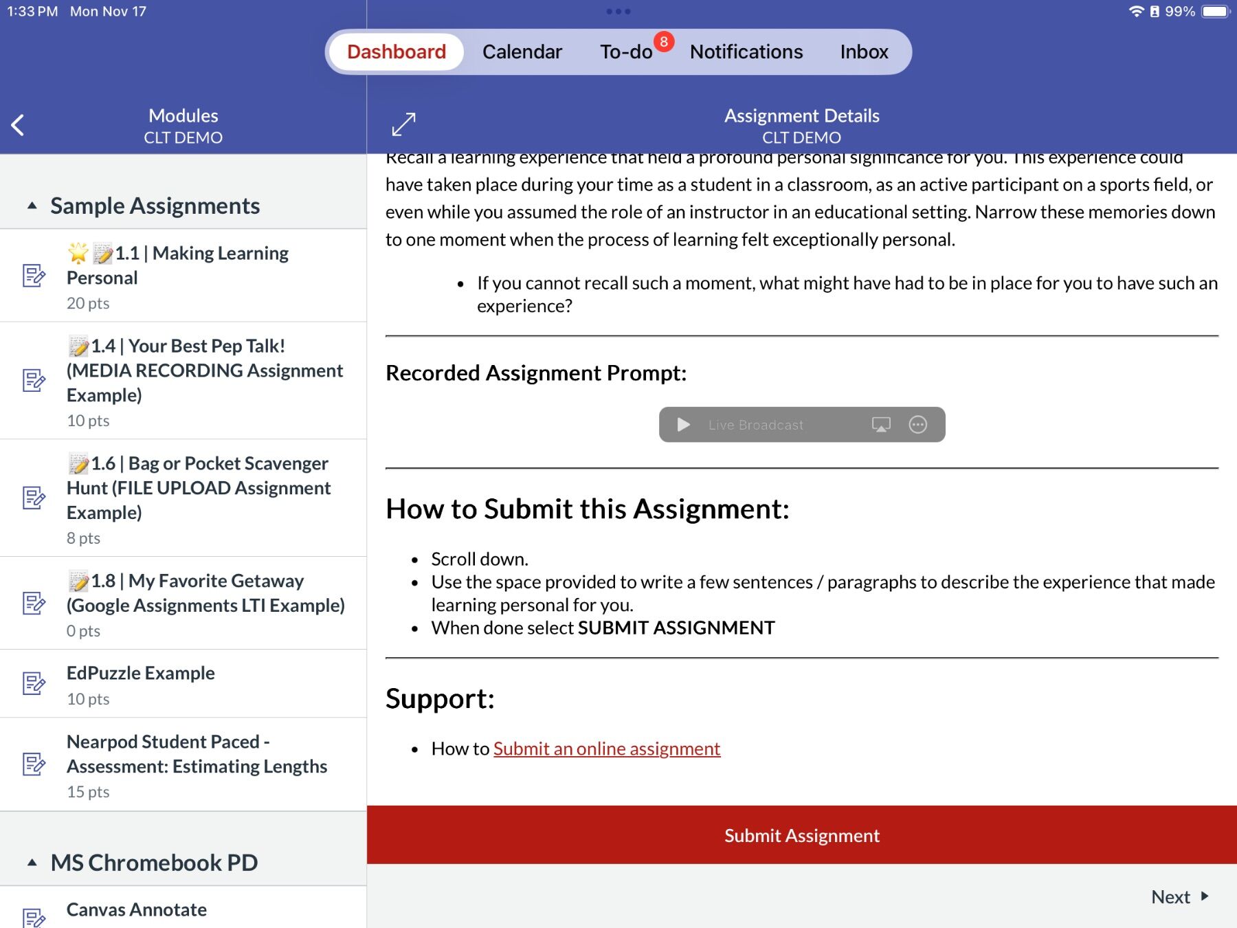 A digital learning platform assignment page showing a menu with sample assignments on the left and assignment details on the right. It includes steps for submission.
