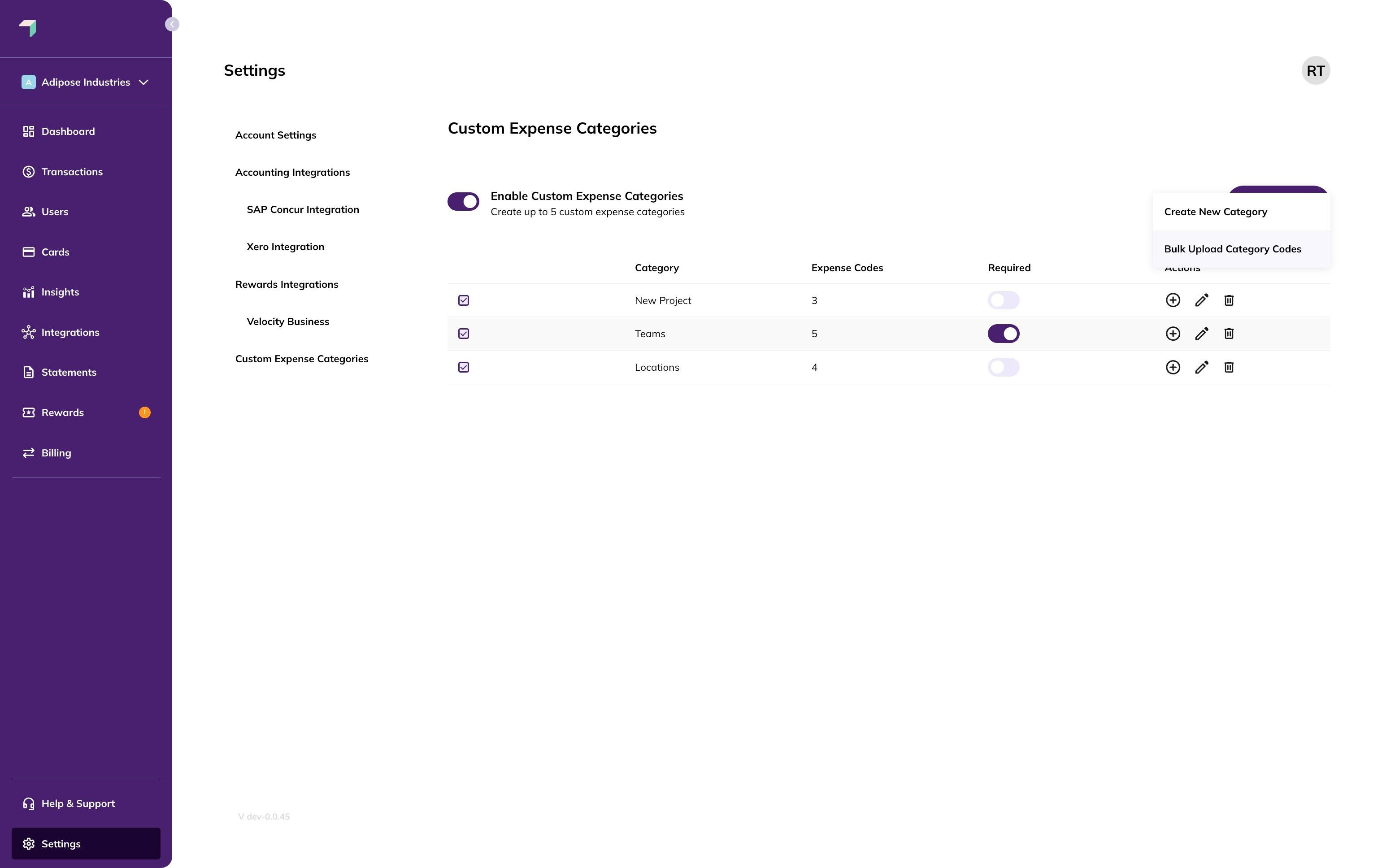 Bulk upload category codes button