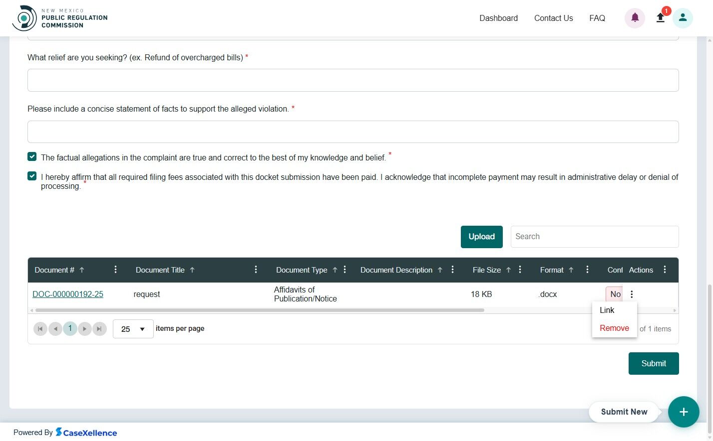 Attachments grid with actions menu