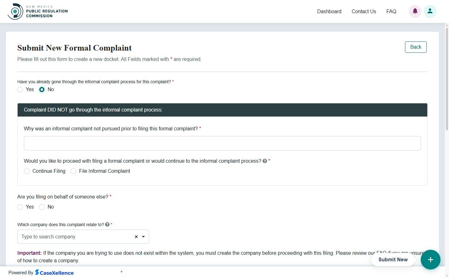 Informal complaint explanation field