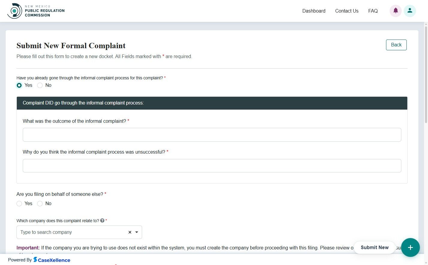 Informal complaint Yes option