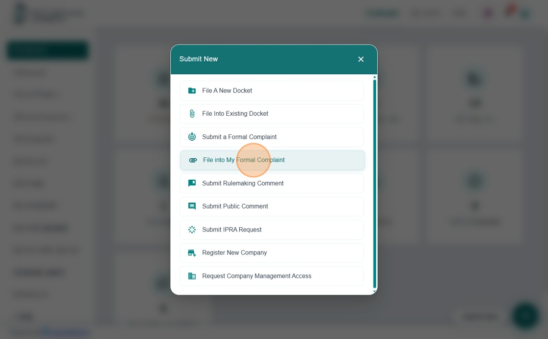 Submit New menu with File Into Formal Complaint option
