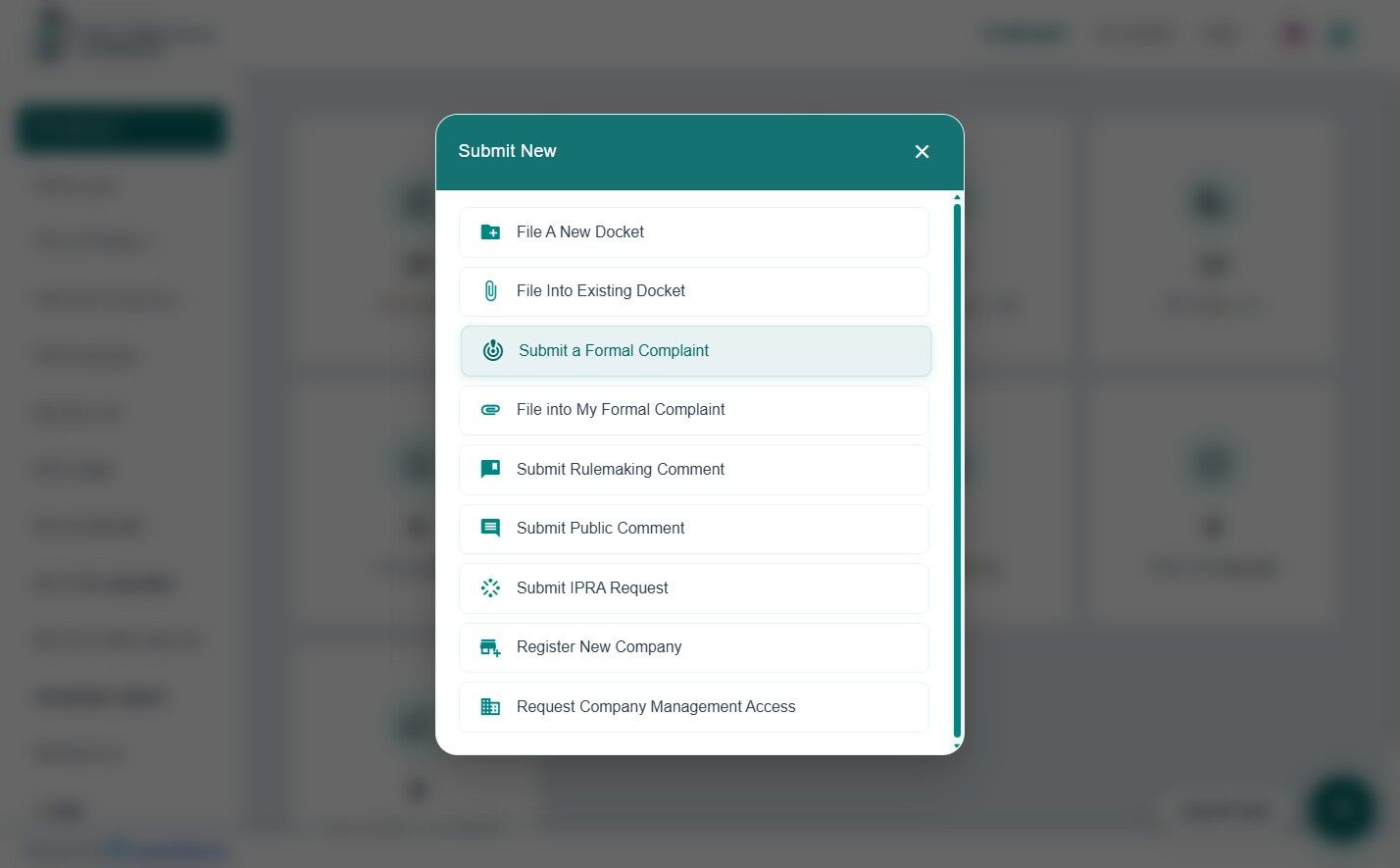 Submit New menu with Formal Complaint option