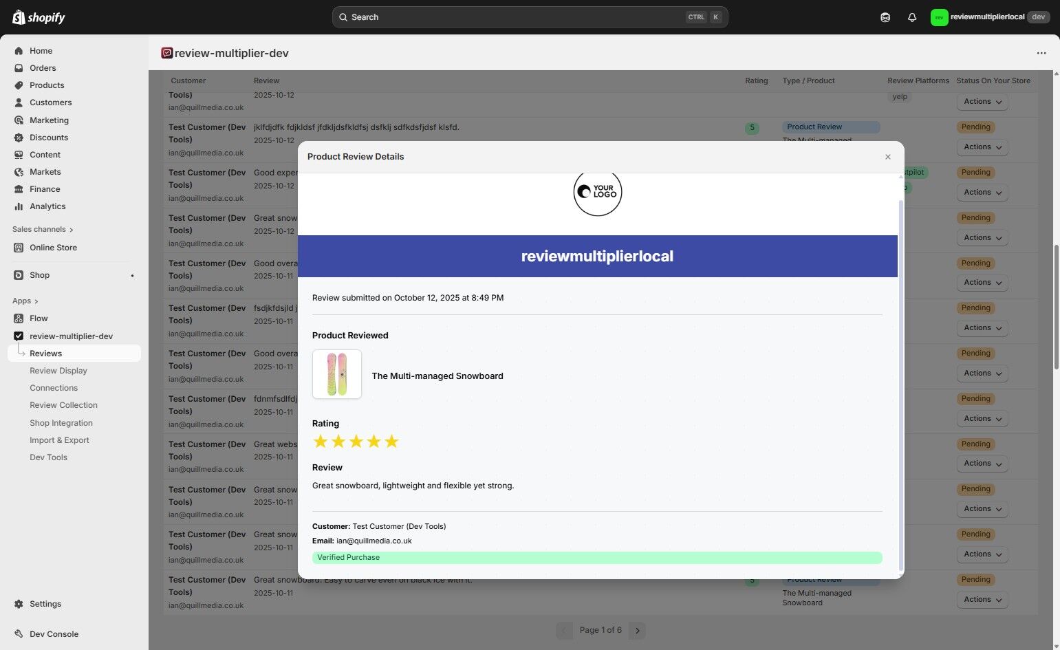 Product review modal