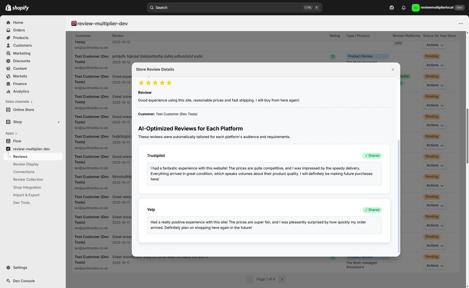 Store review modal with platform statuses