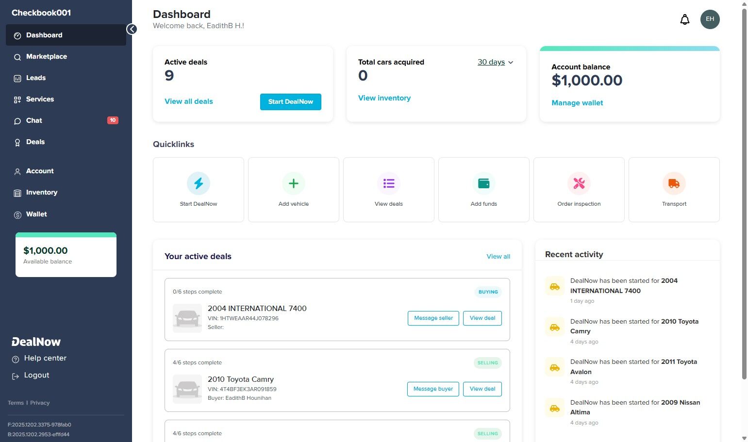 DealNow dashboard showing active deals, account balance, and side navigation on the left. The user’s circular profile icon in the top-right corner is highlighted with an orange circle.
