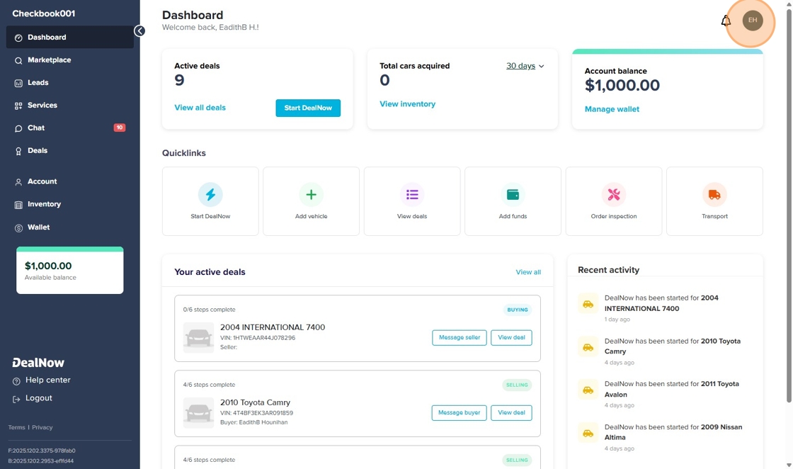 DealNow dashboard showing active deals, account balance, and side navigation on the left. The user’s circular profile icon in the top-right corner is highlighted with an orange circle.