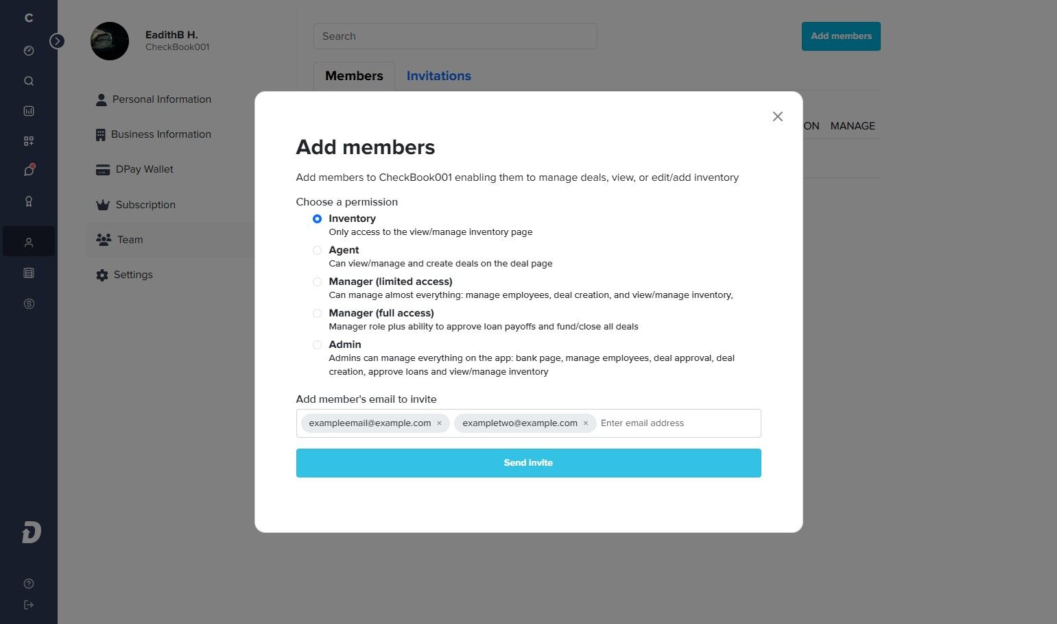 Add members modal window showing a list of permission options (Inventory, Agent, Manager limited/full, Admin) with Inventory selected. Below is a field containing multiple email addresses. The Send invite button at the bottom is highlighted with an orange circle.