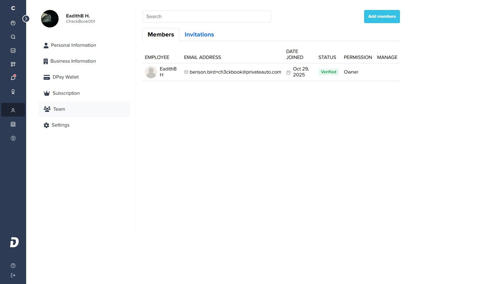 Team Members page listing one existing employee and their status. In the top-right corner of the members list, the Add members button is highlighted with an orange circle.