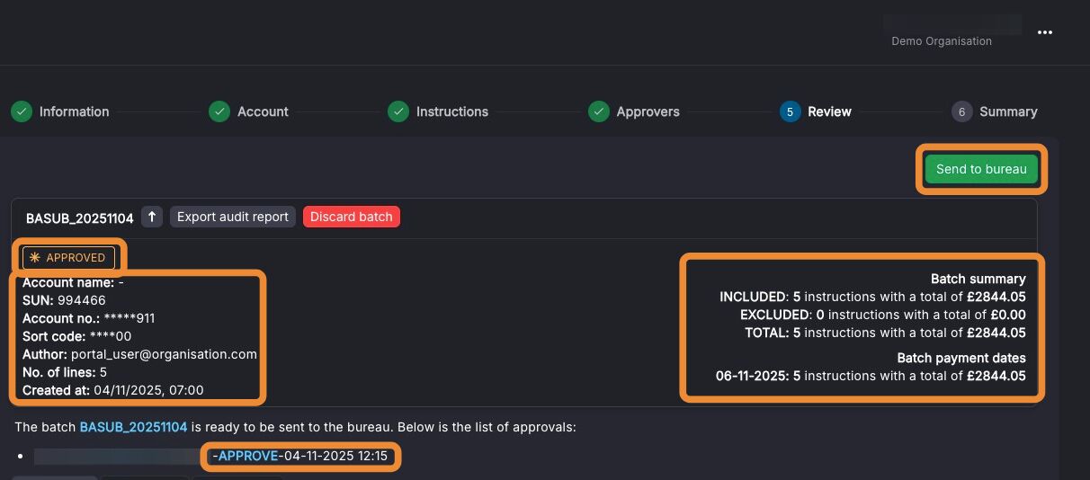 Step 5 Review screen with Send to bureau