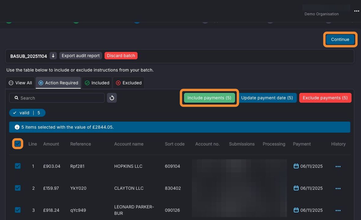 Select All and Include Payments on the instruction list