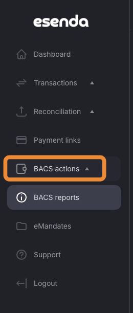 BACS actions in the left hand menu