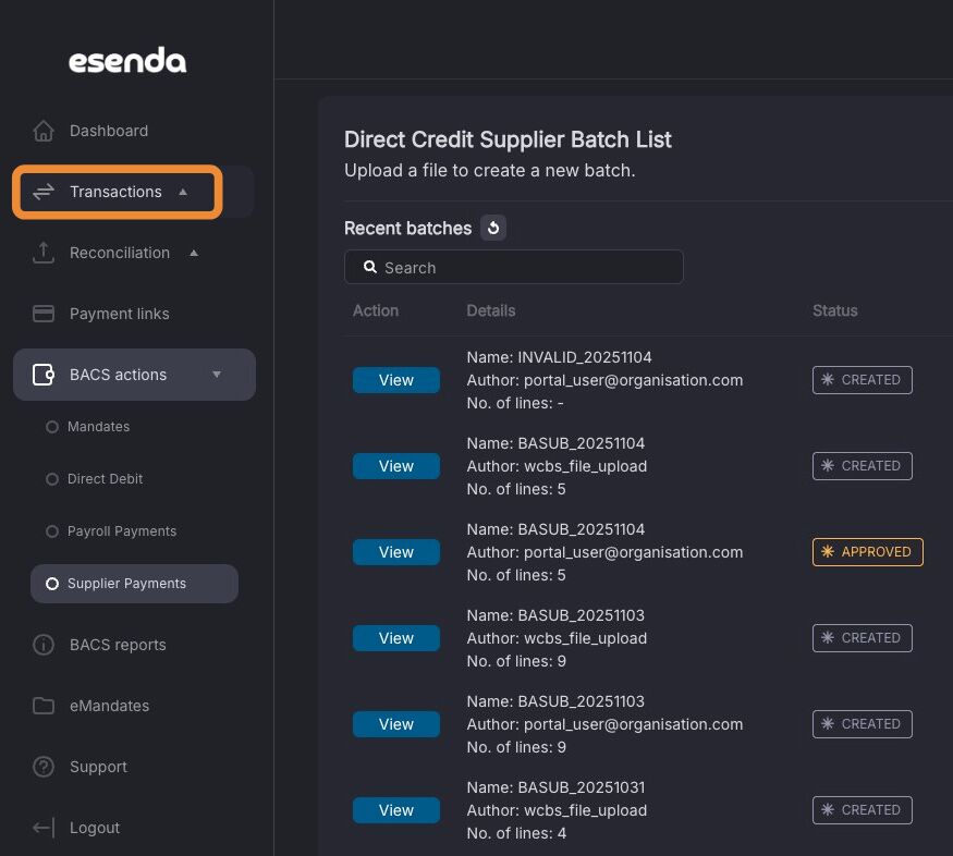Transactions menu