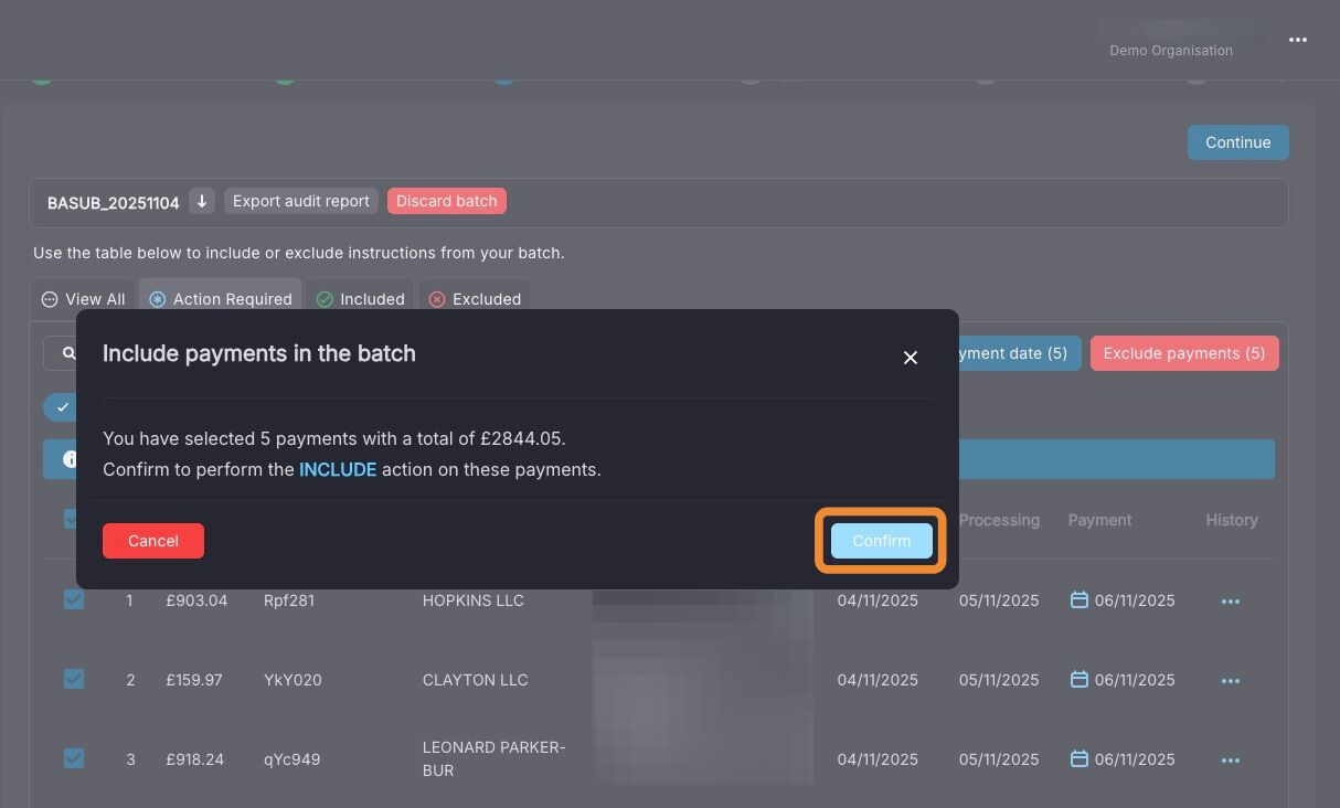 Batch summary pop-up window