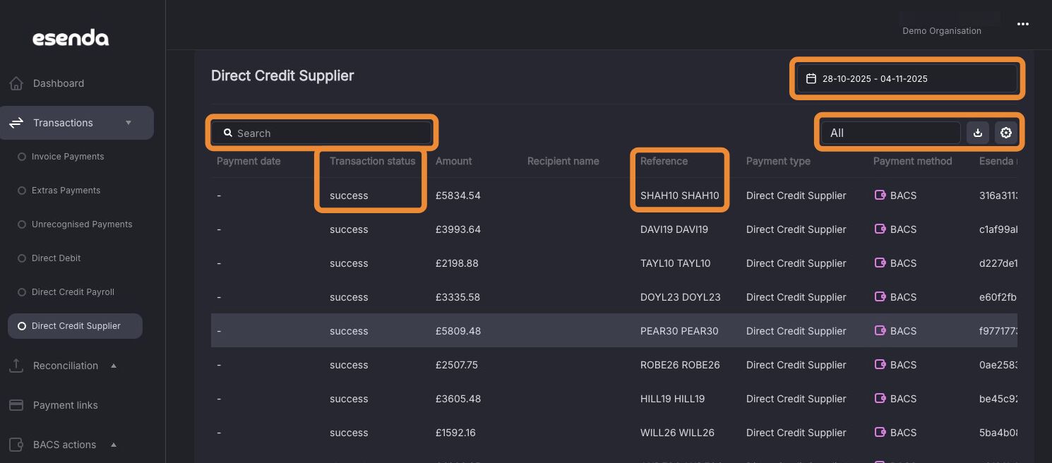 Transaction list with search, settings and download options