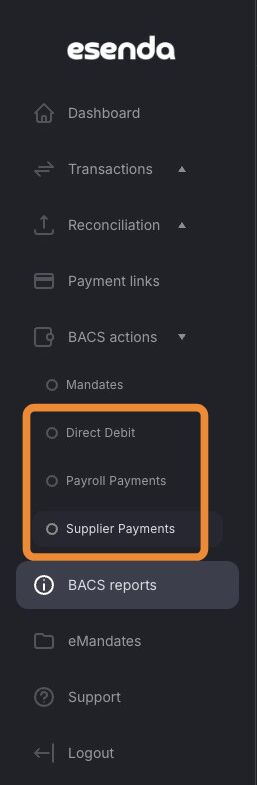 BACS payment type sub-menus